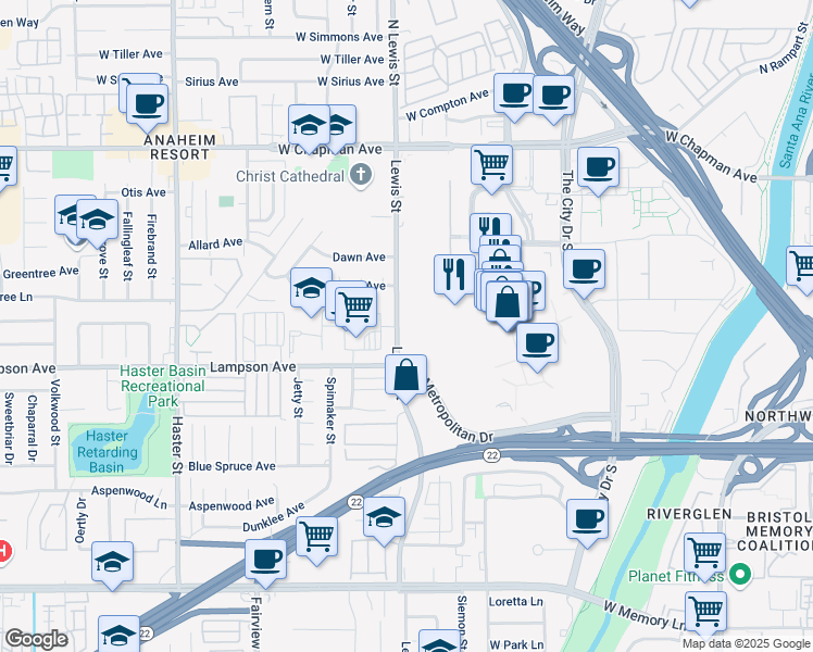 map of restaurants, bars, coffee shops, grocery stores, and more near 6100 City Parkway West in Orange