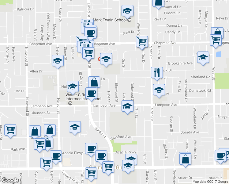 map of restaurants, bars, coffee shops, grocery stores, and more near 12381 Elmwood Street in Garden Grove