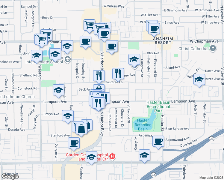map of restaurants, bars, coffee shops, grocery stores, and more near 12582 Willowood Avenue in Garden Grove