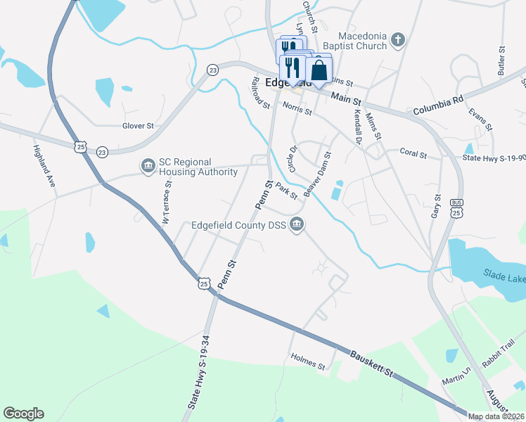 map of restaurants, bars, coffee shops, grocery stores, and more near 502 Penn Street in Edgefield