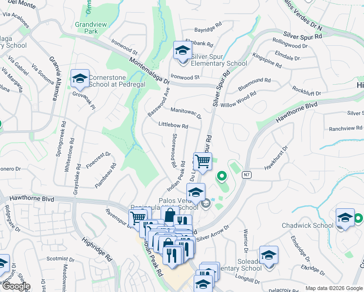 map of restaurants, bars, coffee shops, grocery stores, and more near 26649 Indian Peak Road in Rancho Palos Verdes