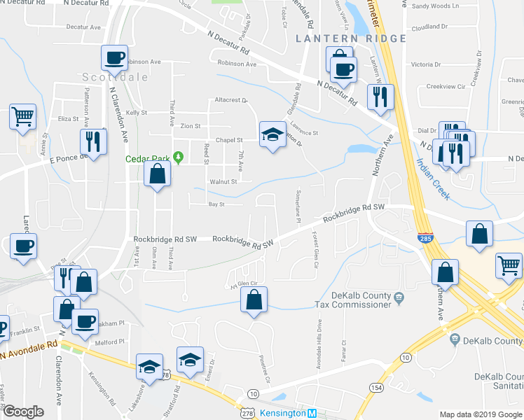 map of restaurants, bars, coffee shops, grocery stores, and more near 369 Glen Cove Drive in Avondale Estates