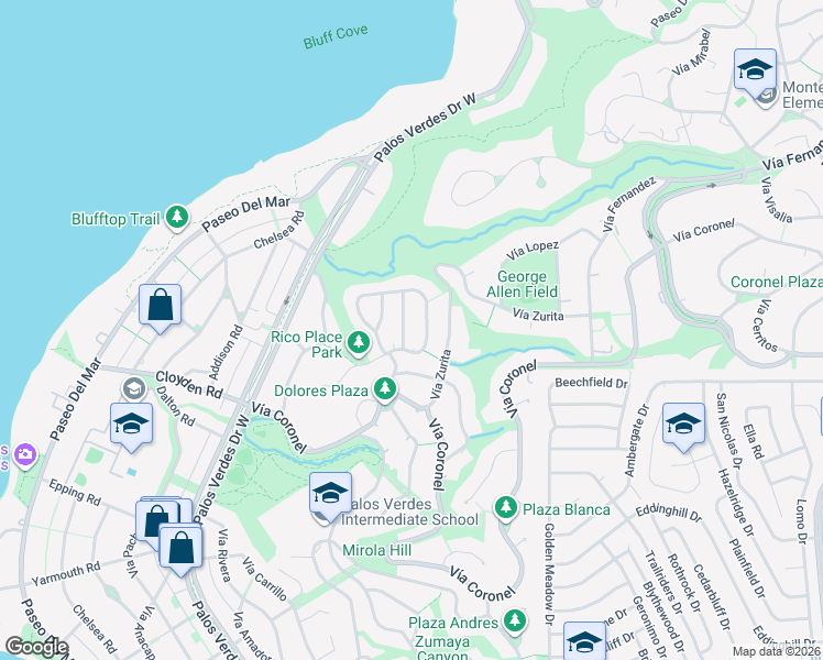 map of restaurants, bars, coffee shops, grocery stores, and more near 1628 Vía Machado in Palos Verdes Estates