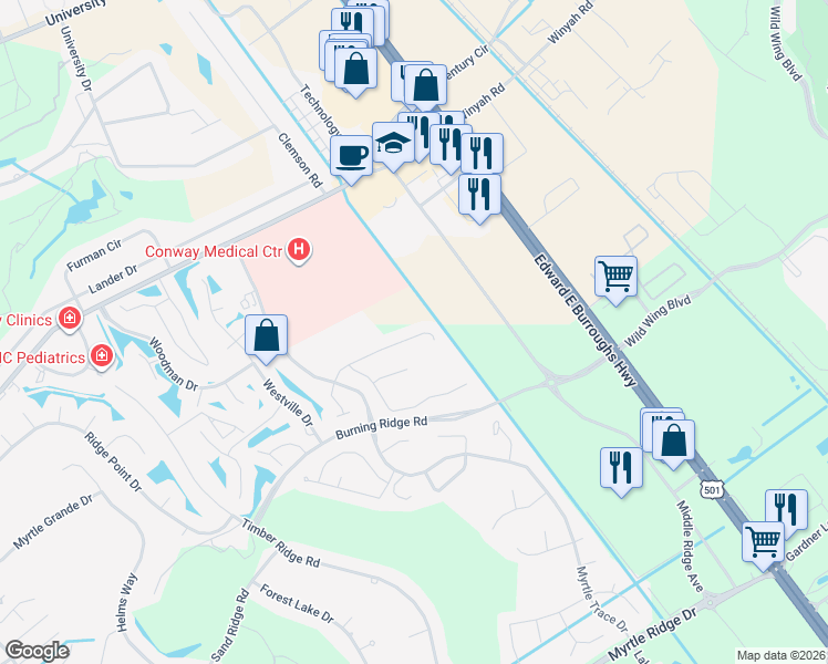 map of restaurants, bars, coffee shops, grocery stores, and more near 237 Candlewood Drive in Conway