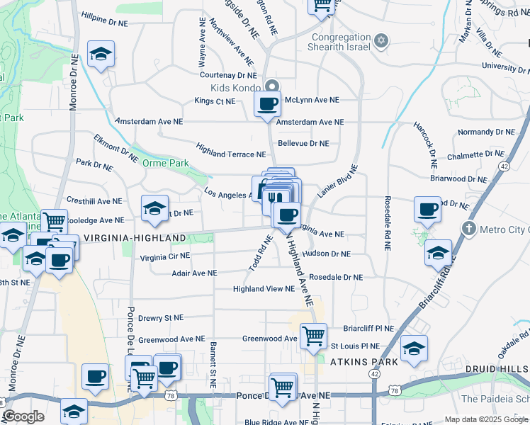 map of restaurants, bars, coffee shops, grocery stores, and more near 1039 Vance Avenue Northeast in Atlanta