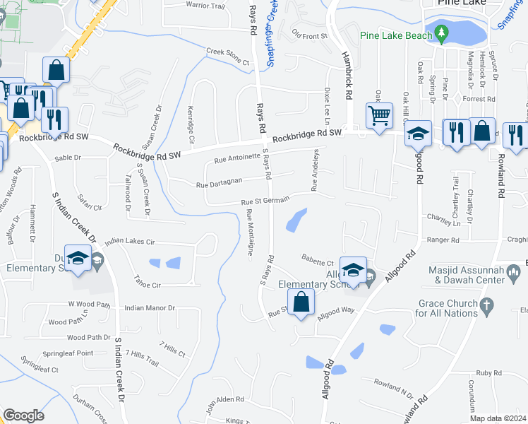 map of restaurants, bars, coffee shops, grocery stores, and more near 497 South Rays Road in Stone Mountain