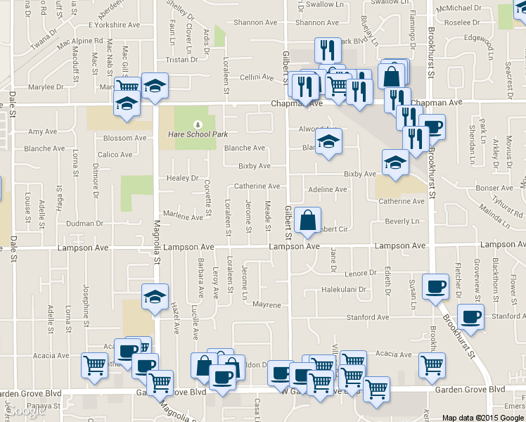 map of restaurants, bars, coffee shops, grocery stores, and more near 12341 Meade Street in Garden Grove