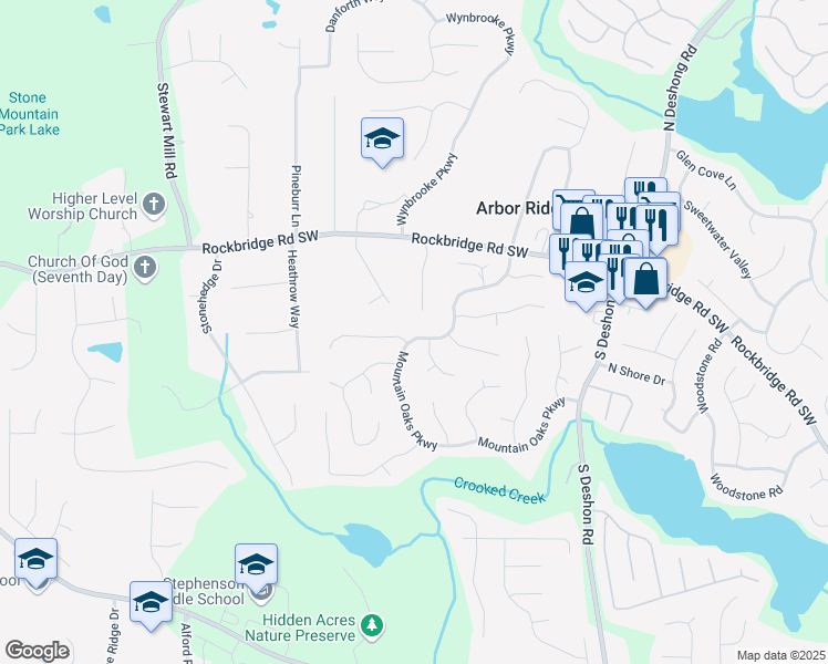 map of restaurants, bars, coffee shops, grocery stores, and more near 577 Mountain Oaks Parkway in Stone Mountain