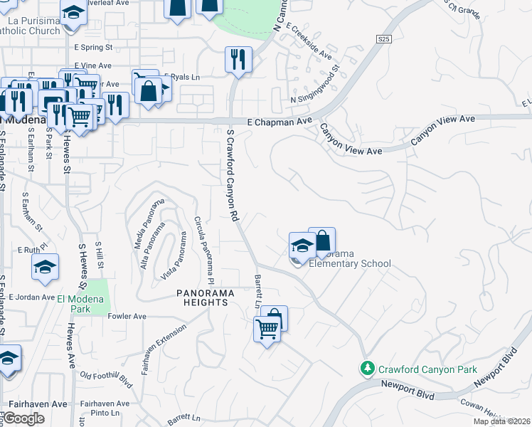 map of restaurants, bars, coffee shops, grocery stores, and more near 12312 Canyon Terrace in Santa Ana