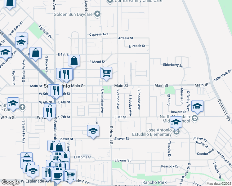 map of restaurants, bars, coffee shops, grocery stores, and more near 498 South Vernon Avenue in San Jacinto