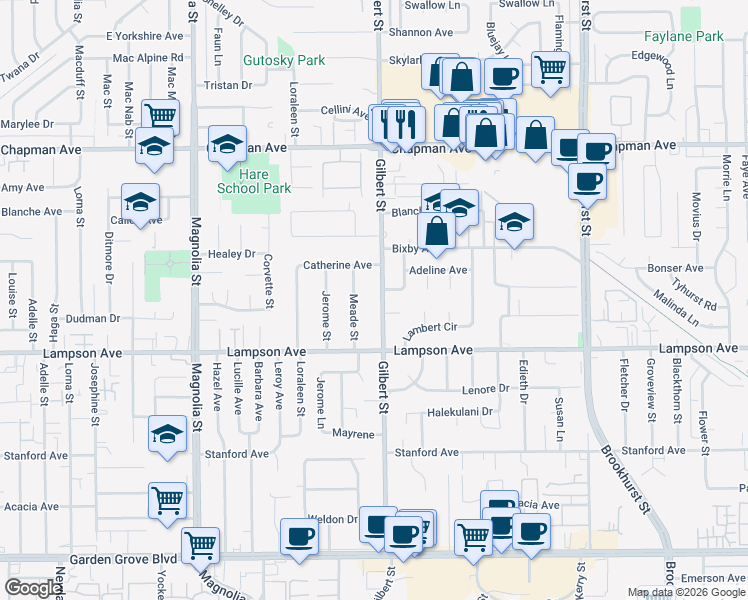 map of restaurants, bars, coffee shops, grocery stores, and more near 12341 Gilbert St in Garden Grove