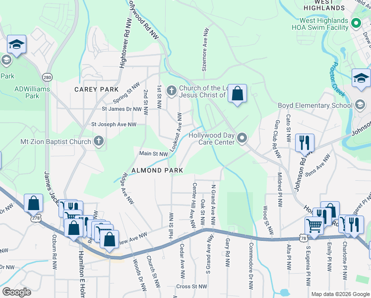 map of restaurants, bars, coffee shops, grocery stores, and more near 1038 Ada Avenue Northwest in Atlanta