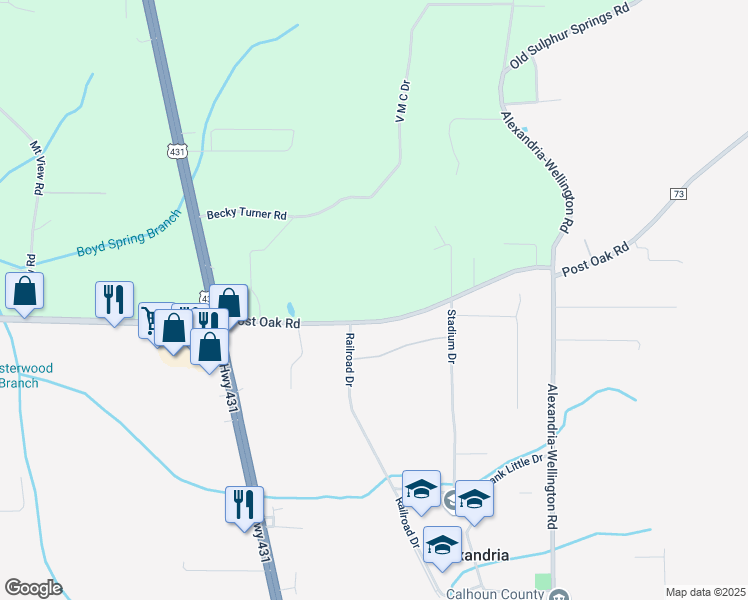map of restaurants, bars, coffee shops, grocery stores, and more near 349 Post Oak Road in Alexandria