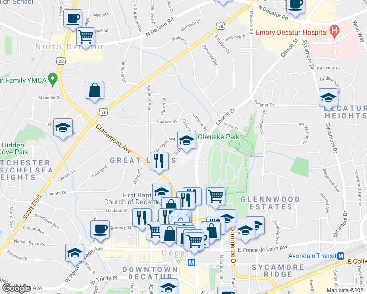 map of restaurants, bars, coffee shops, grocery stores, and more near 203 Erie Avenue in Decatur