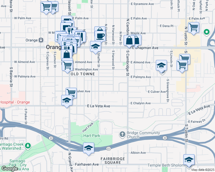 map of restaurants, bars, coffee shops, grocery stores, and more near 560 East Van Bibber Avenue in Orange