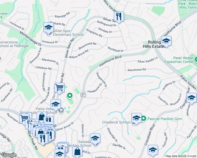 map of restaurants, bars, coffee shops, grocery stores, and more near 26533 Deepbrook Drive in Rancho Palos Verdes
