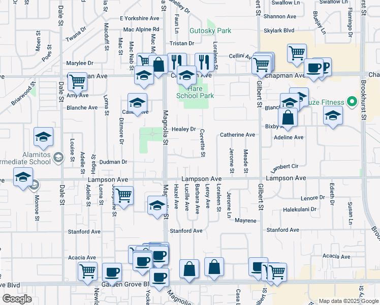 map of restaurants, bars, coffee shops, grocery stores, and more near 12351 Harvey Lane in Garden Grove
