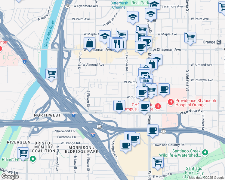 map of restaurants, bars, coffee shops, grocery stores, and more near 1910 West Palmyra Avenue in Orange