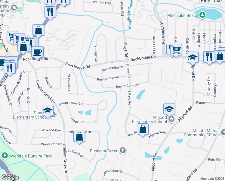 map of restaurants, bars, coffee shops, grocery stores, and more near 4129 Rue Saint Germain in Stone Mountain