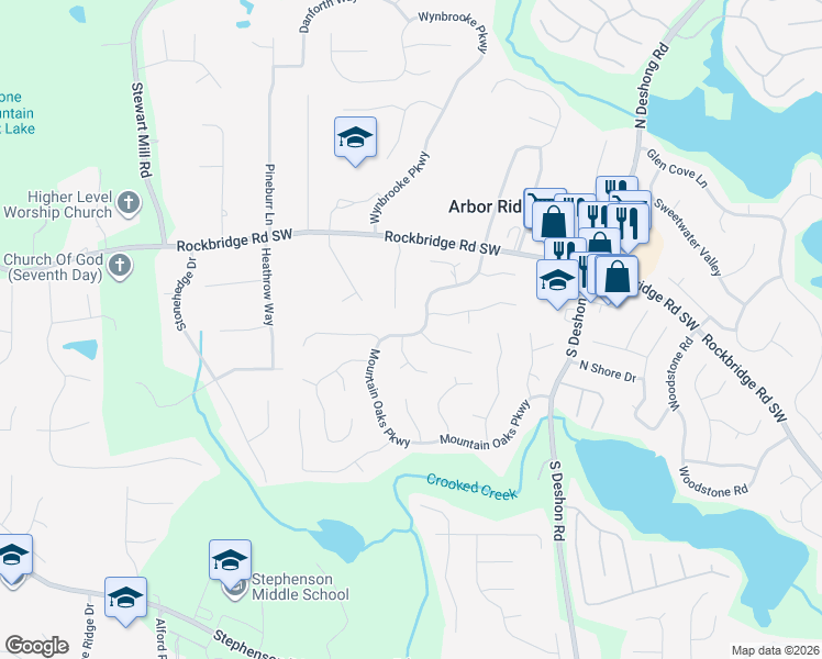 map of restaurants, bars, coffee shops, grocery stores, and more near 567 Mountain Oaks Parkway in Stone Mountain
