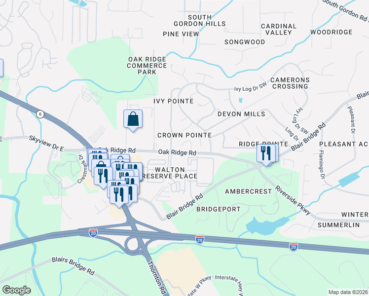 map of restaurants, bars, coffee shops, grocery stores, and more near 7031 Panda Lane in Austell
