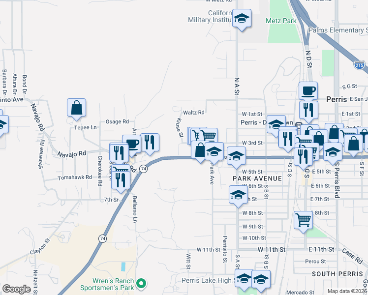 map of restaurants, bars, coffee shops, grocery stores, and more near 591 West 3rd Street in Perris