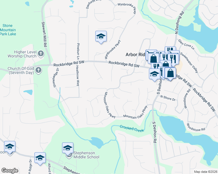 map of restaurants, bars, coffee shops, grocery stores, and more near 577 Mountain Oaks Parkway in Stone Mountain