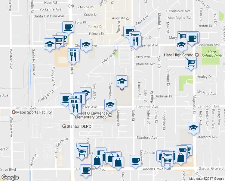 map of restaurants, bars, coffee shops, grocery stores, and more near 12360 Arrowhead Street in Stanton