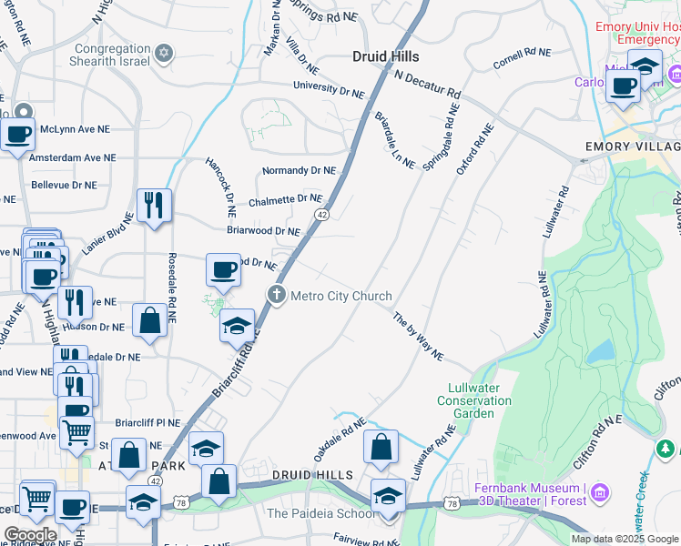 map of restaurants, bars, coffee shops, grocery stores, and more near 1202 The by Way Northeast in Atlanta