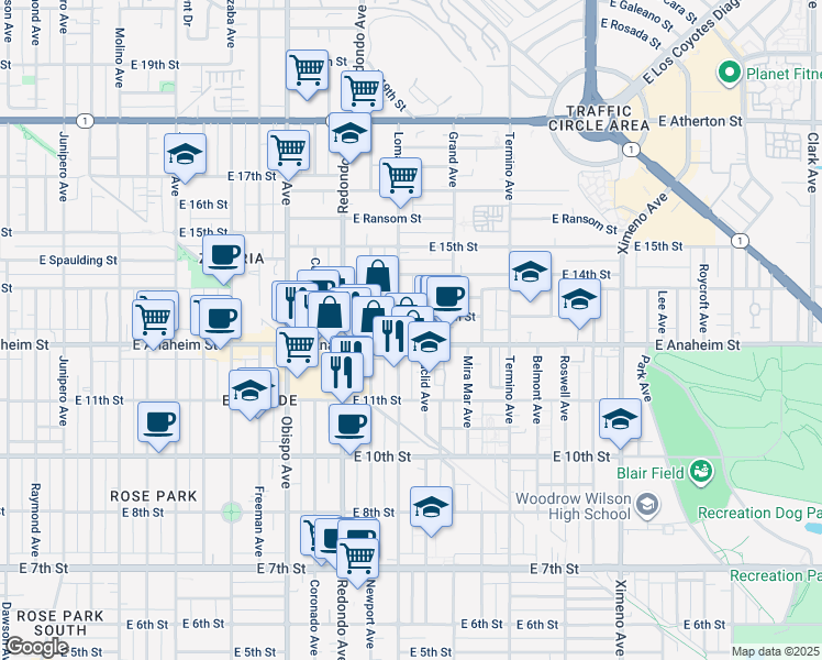 map of restaurants, bars, coffee shops, grocery stores, and more near 3605 East Anaheim Street in Long Beach