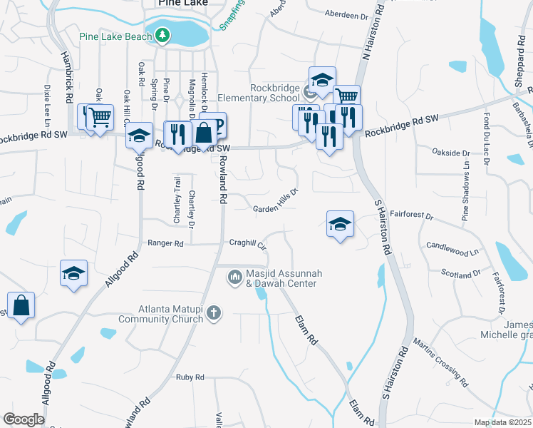map of restaurants, bars, coffee shops, grocery stores, and more near 4605 Garden Hills Drive in Stone Mountain