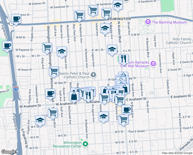 map of restaurants, bars, coffee shops, grocery stores, and more near 1010 Lagoon Ave in Wilmington