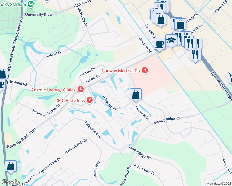 map of restaurants, bars, coffee shops, grocery stores, and more near 240 Myrtle Greens Drive in Conway