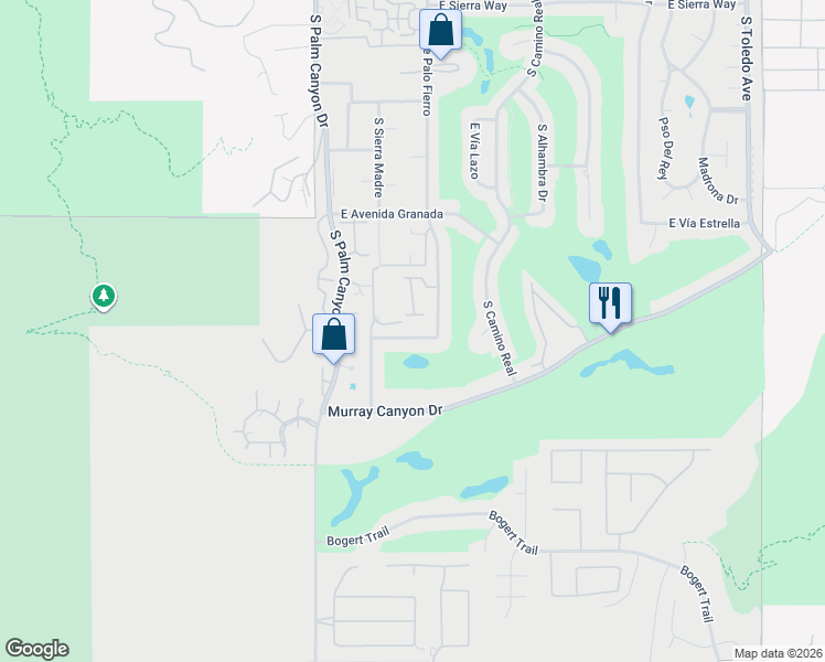 map of restaurants, bars, coffee shops, grocery stores, and more near 464 East Santiago Way in Palm Springs