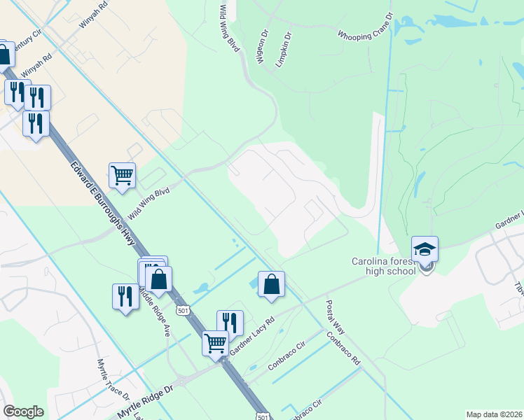 map of restaurants, bars, coffee shops, grocery stores, and more near 334 Kiskadee Loop in Conway