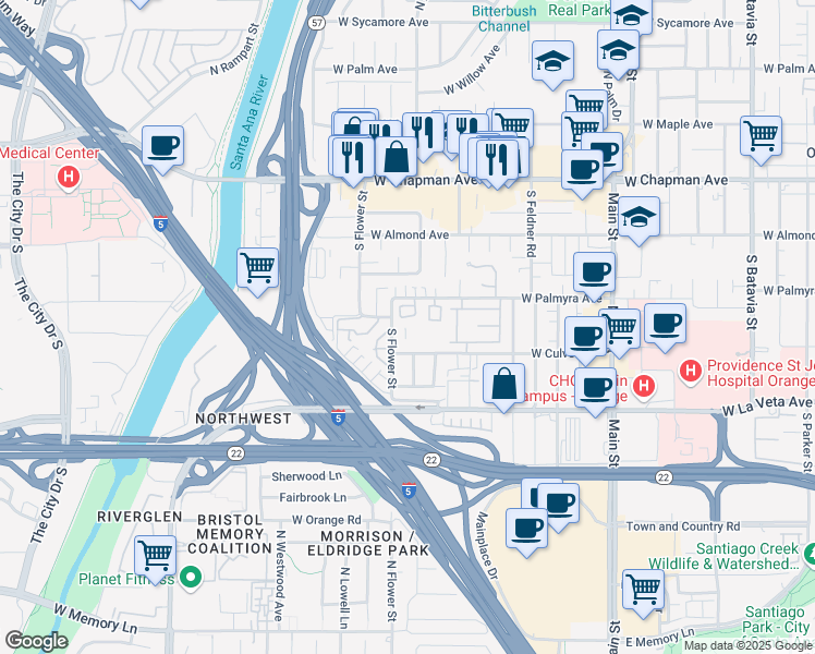 map of restaurants, bars, coffee shops, grocery stores, and more near 2100 West Palmyra Avenue in Orange