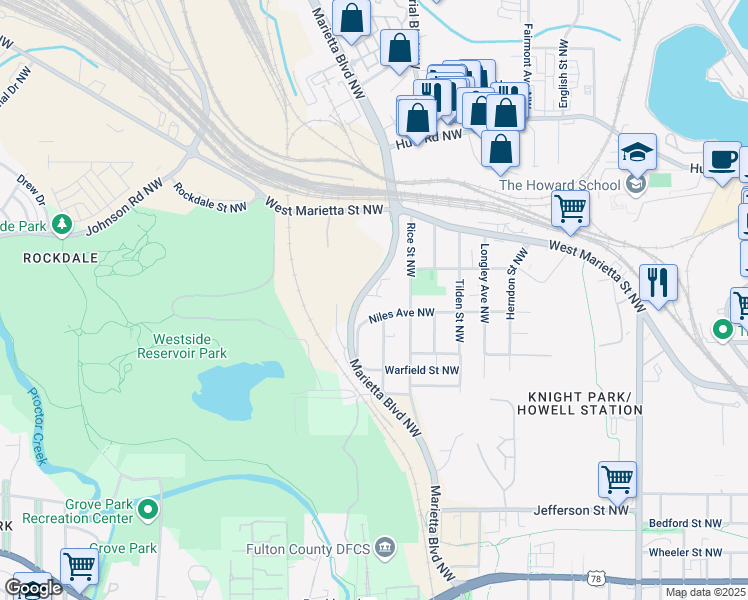 map of restaurants, bars, coffee shops, grocery stores, and more near 1079 Marietta Boulevard Northwest in Atlanta