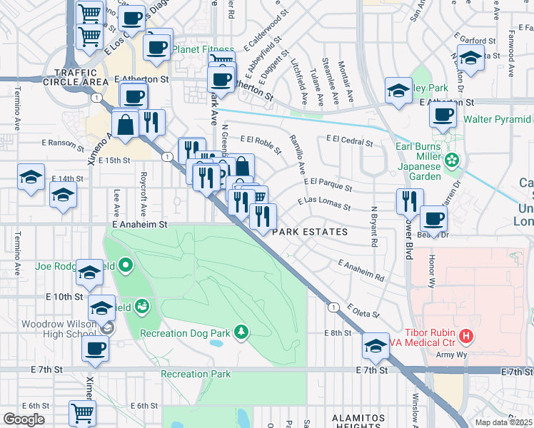 map of restaurants, bars, coffee shops, grocery stores, and more near 5270 East Anaheim Road in Long Beach