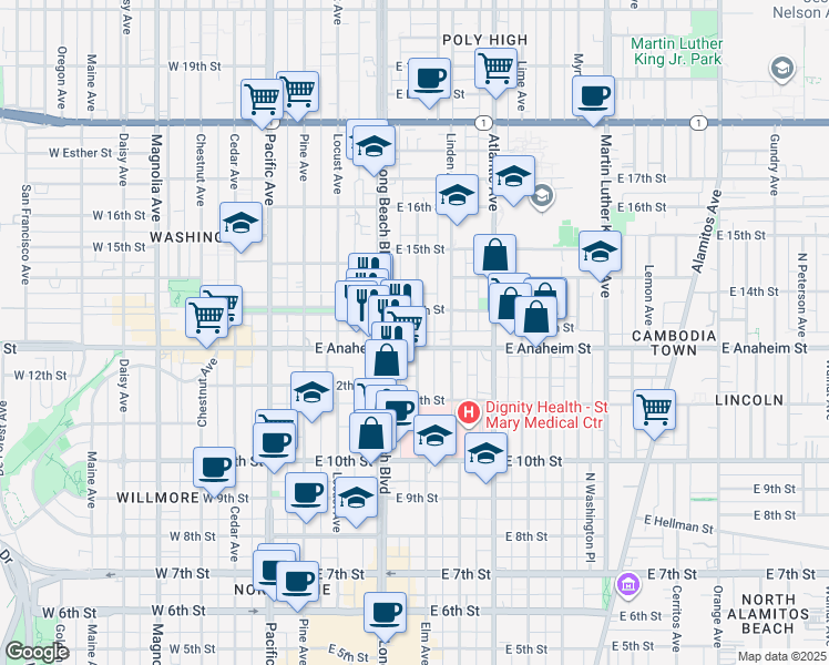 map of restaurants, bars, coffee shops, grocery stores, and more near 1325 Elm Avenue in Long Beach