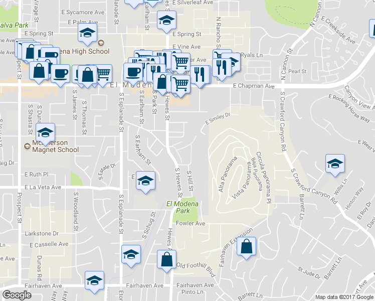 map of restaurants, bars, coffee shops, grocery stores, and more near 368 South Via El Modena in Orange