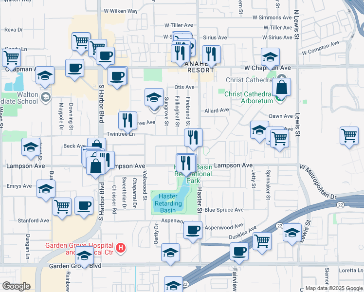 map of restaurants, bars, coffee shops, grocery stores, and more near 12413 Firebrand Street in Garden Grove