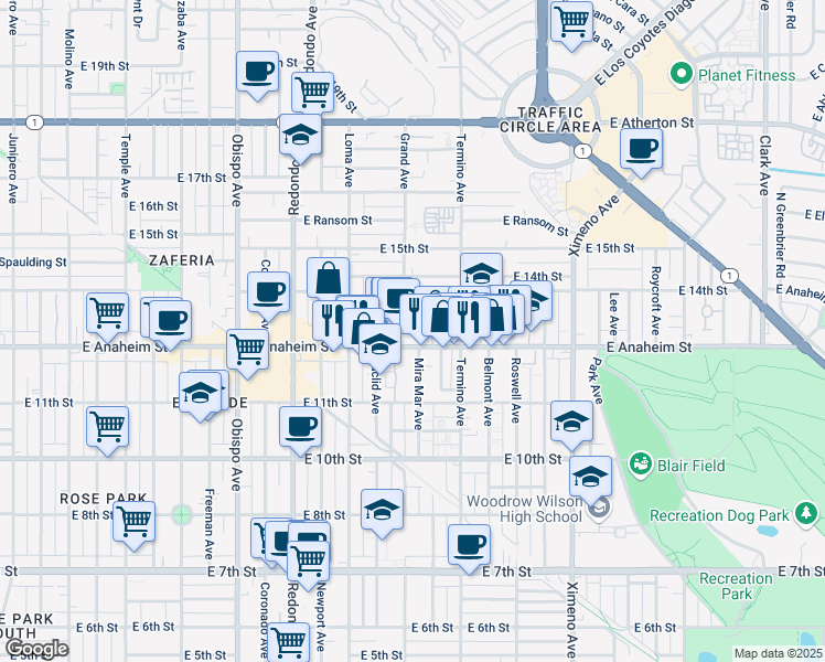 map of restaurants, bars, coffee shops, grocery stores, and more near 3825 East Anaheim Street in Long Beach