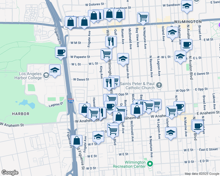 map of restaurants, bars, coffee shops, grocery stores, and more near 1025 Wilmington Boulevard in Los Angeles