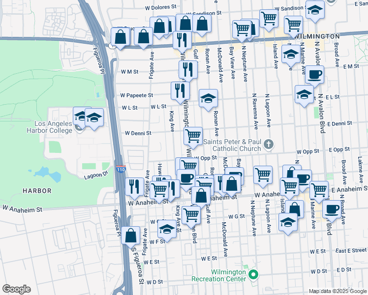map of restaurants, bars, coffee shops, grocery stores, and more near 1025 Wilmington Boulevard in Los Angeles