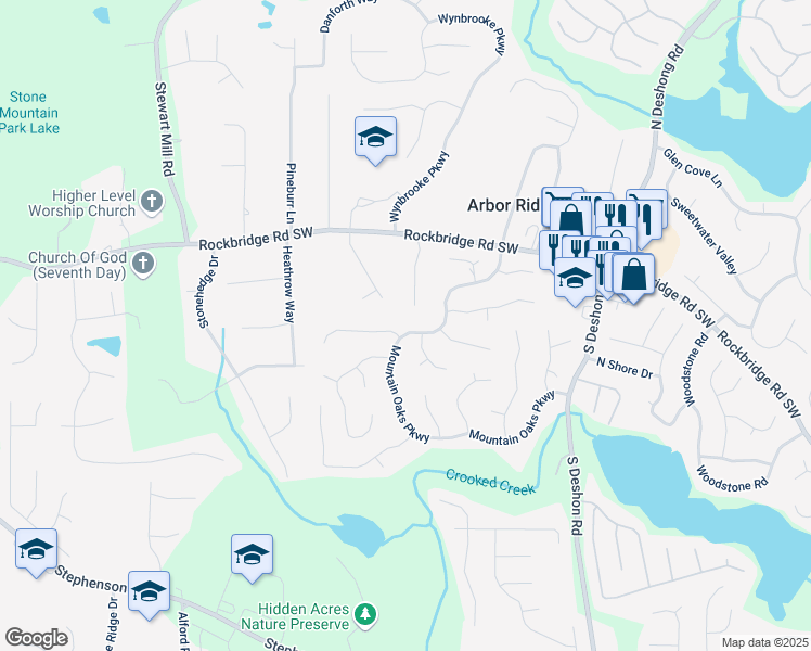 map of restaurants, bars, coffee shops, grocery stores, and more near 577 Mountain Oaks Parkway in Stone Mountain