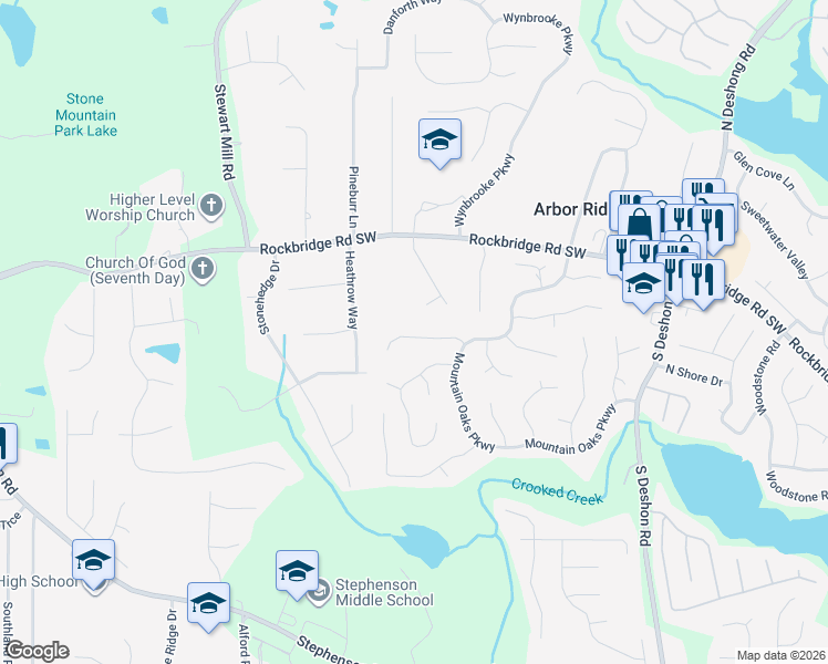 map of restaurants, bars, coffee shops, grocery stores, and more near 6752 Winterberry Ridge Drive in Stone Mountain