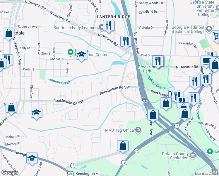map of restaurants, bars, coffee shops, grocery stores, and more near 3432 Rockbridge Road Southwest in Avondale Estates