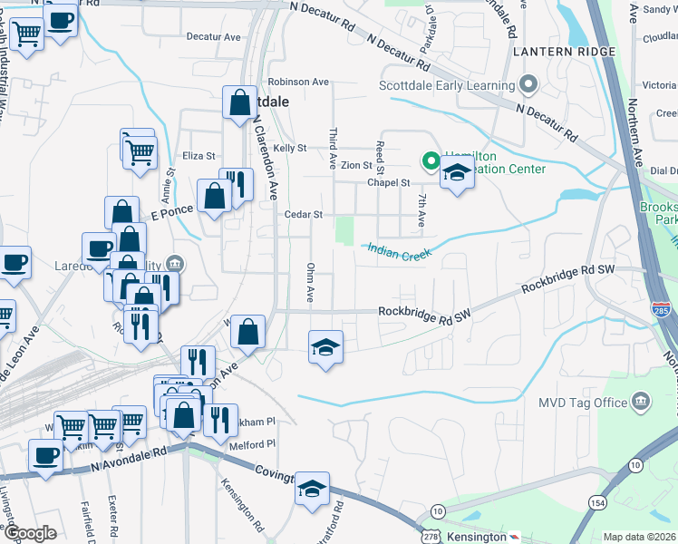map of restaurants, bars, coffee shops, grocery stores, and more near 289 Third Avenue in Avondale Estates