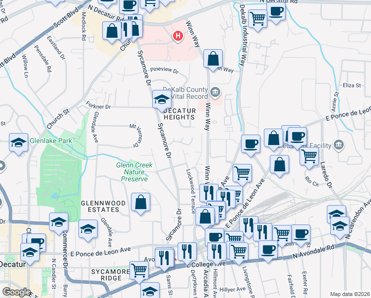 map of restaurants, bars, coffee shops, grocery stores, and more near 428 Lockwood Terrace in Decatur