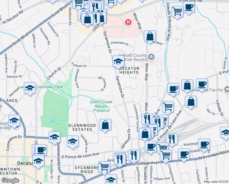 map of restaurants, bars, coffee shops, grocery stores, and more near 66 Sycamore Station in Decatur